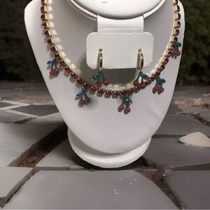 Betsey Johnson Crystal Cherry Necklace & matching cherry earrings set